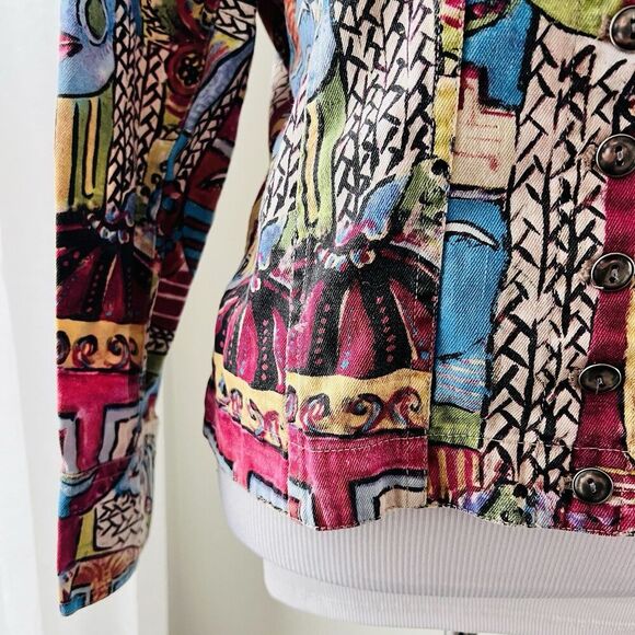 Chico's Colorful Abstract Faces Wearable Art Denim Jacket - Size 1 (Medium Sz 8) - Picture 4 of 9